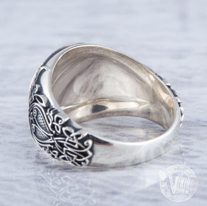 Helm of Awe Symbol with Norse Ornament Sterling Silver Viking Ring