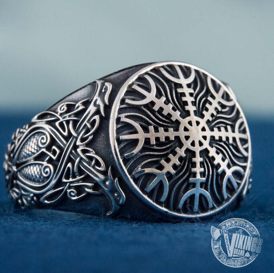Helm of Awe Symbol with Norse Ornament Sterling Silver Viking Ring