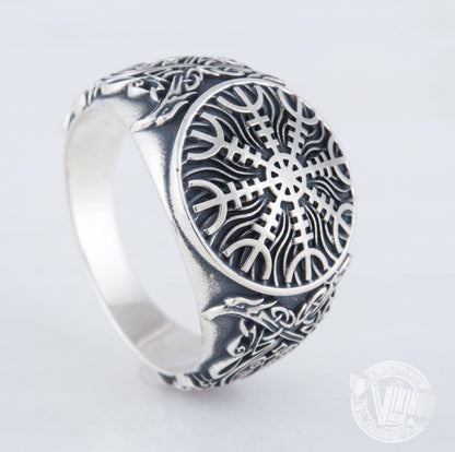 Helm of Awe Symbol with Norse Ornament Sterling Silver Viking Ring