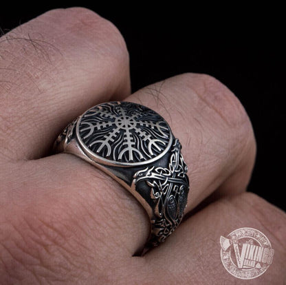 Helm of Awe Symbol with Norse Ornament Sterling Silver Viking Ring
