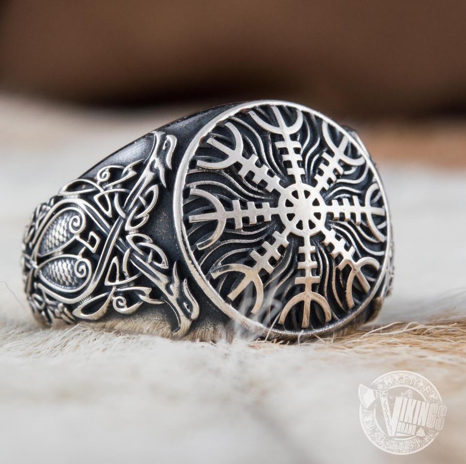 Helm of Awe Symbol with Norse Ornament Sterling Silver Viking Ring