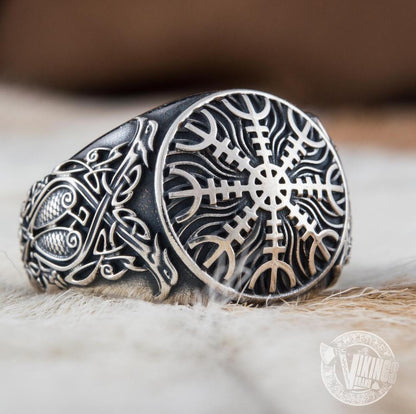 Helm of Awe Symbol with Norse Ornament Sterling Silver Viking Ring