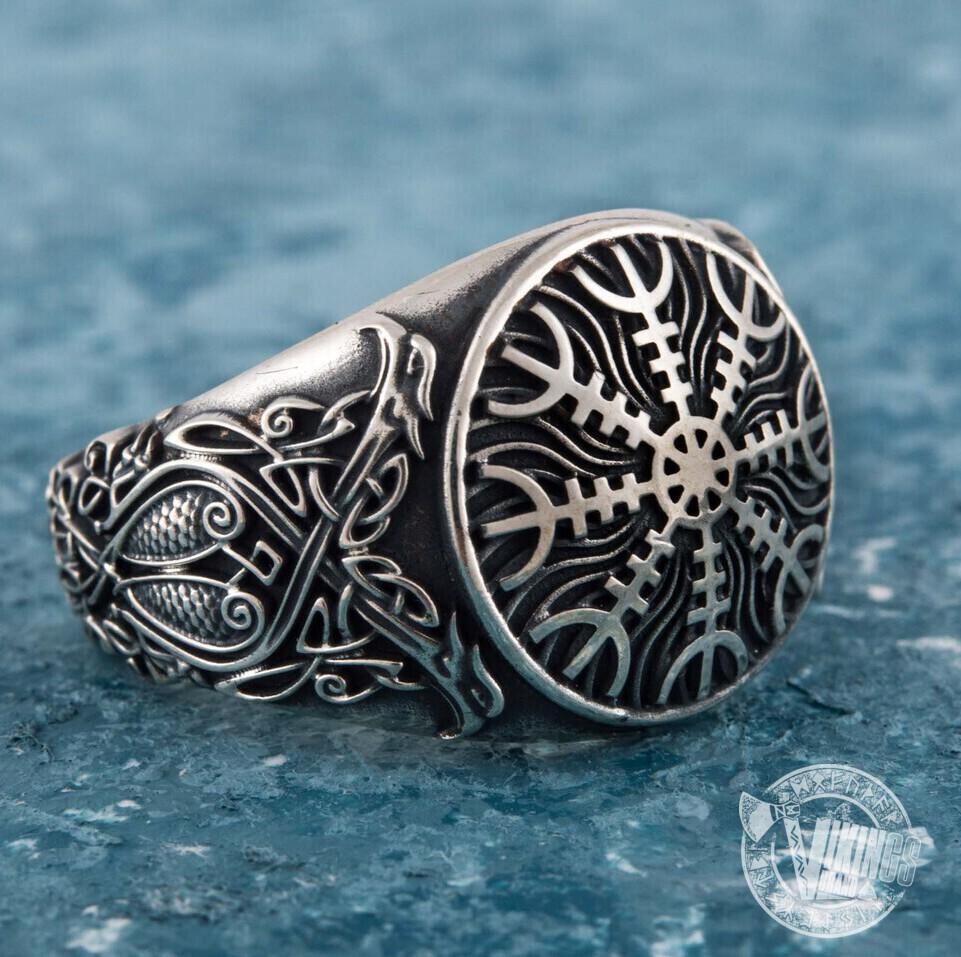 Helm of Awe Symbol with Norse Ornament Sterling Silver Viking Ring