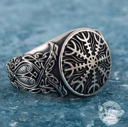 Helm of Awe Symbol with Norse Ornament Sterling Silver Viking Ring