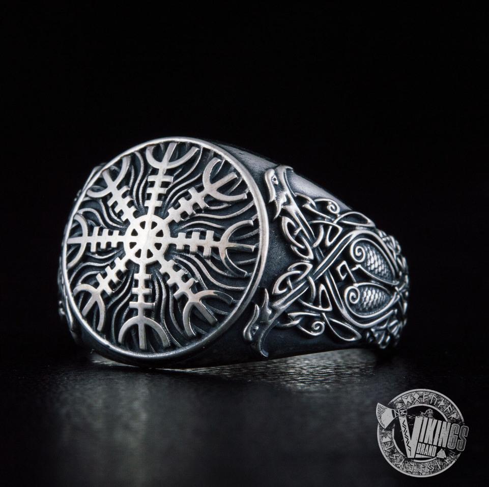 Helm of Awe Symbol with Norse Ornament Sterling Silver Viking Ring