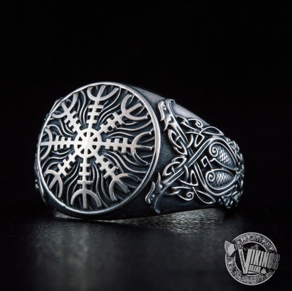 Helm of Awe Symbol with Norse Ornament Sterling Silver Viking Ring