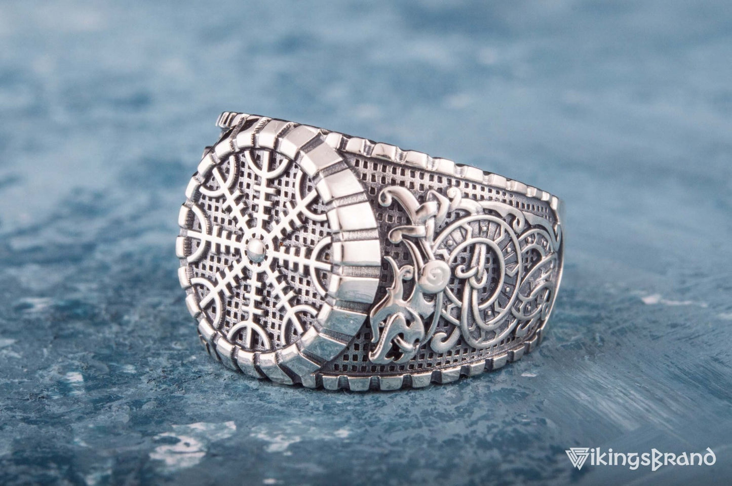 Helm of Awe Viking Symbol Ring with Viking Style Ornament Sterling Silver Jewelry