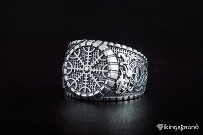 Helm of Awe Viking Symbol Ring with Viking Style Ornament Sterling Silver Jewelry