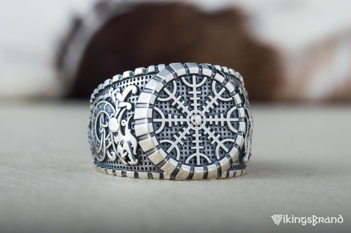 Helm of Awe Viking Symbol Ring with Viking Style Ornament Sterling Silver Jewelry