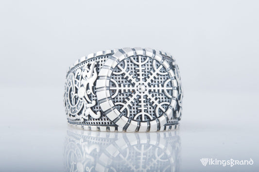 Helm of Awe Viking Symbol Ring with Viking Style Ornament Sterling Silver Jewelry