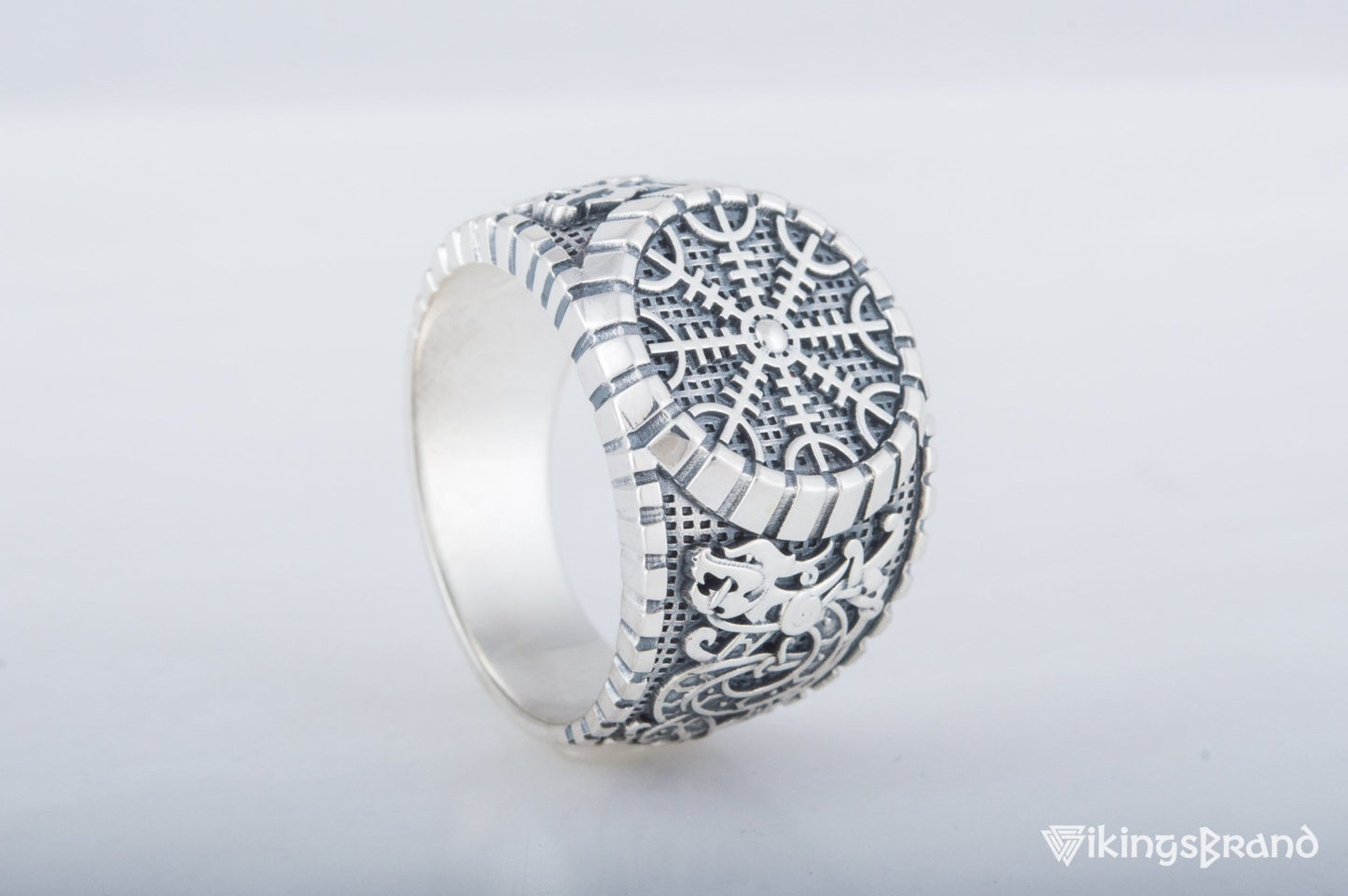 Helm of Awe Viking Symbol Ring with Viking Style Ornament Sterling Silver Jewelry
