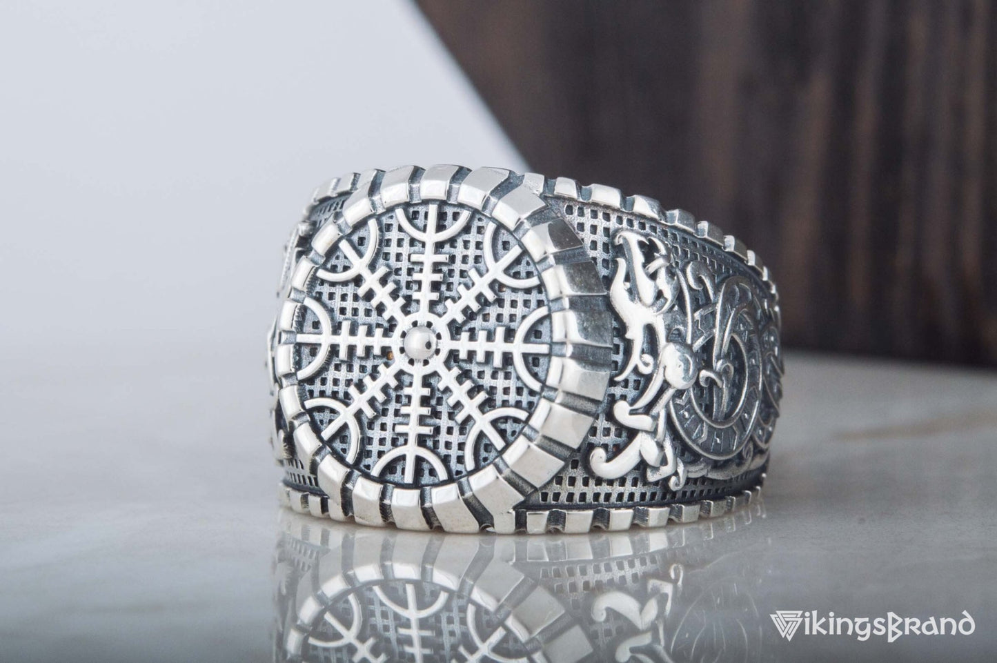 Helm of Awe Viking Symbol Ring with Viking Style Ornament Sterling Silver Jewelry
