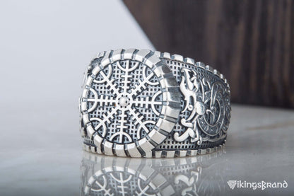 Helm of Awe Viking Symbol Ring with Viking Style Ornament Sterling Silver Jewelry