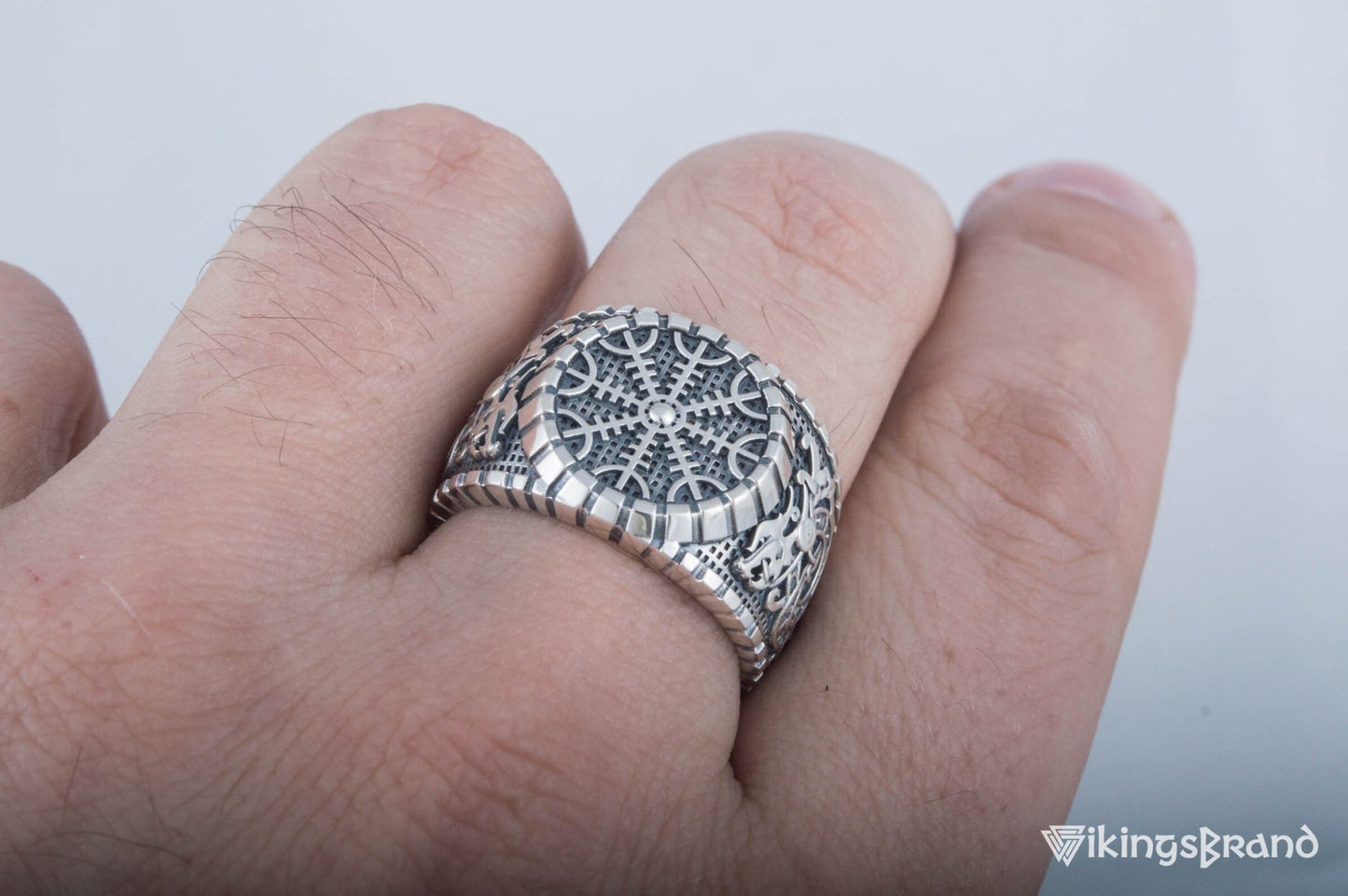 Helm of Awe Viking Symbol Ring with Viking Style Ornament Sterling Silver Jewelry