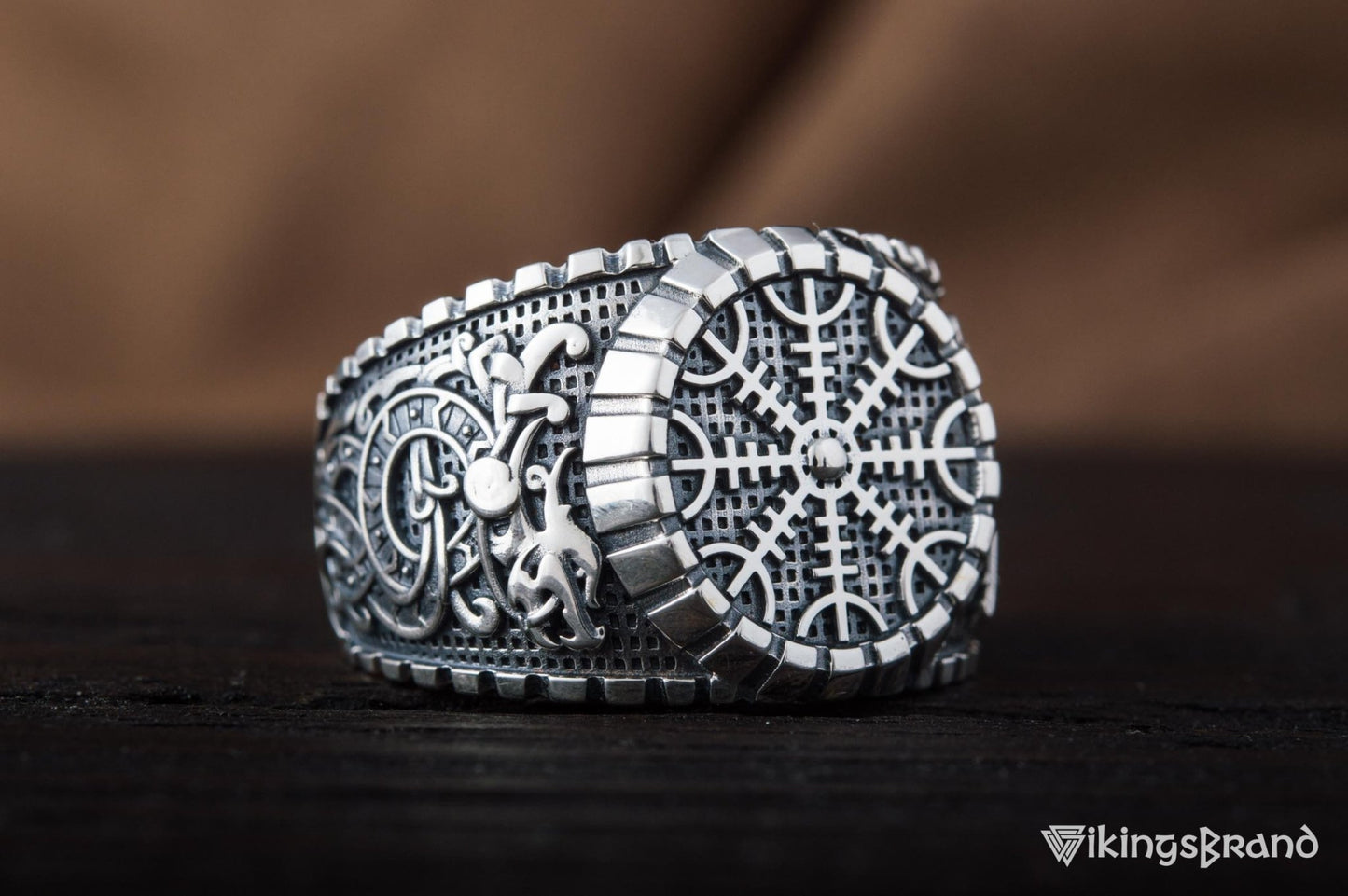 Helm of Awe Viking Symbol Ring with Viking Style Ornament Sterling Silver Jewelry