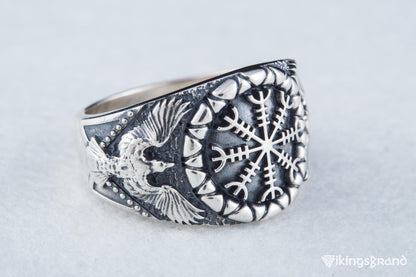 Helm of Awe Viking Symbol with Raven Style Sterling Silver Norse Ring