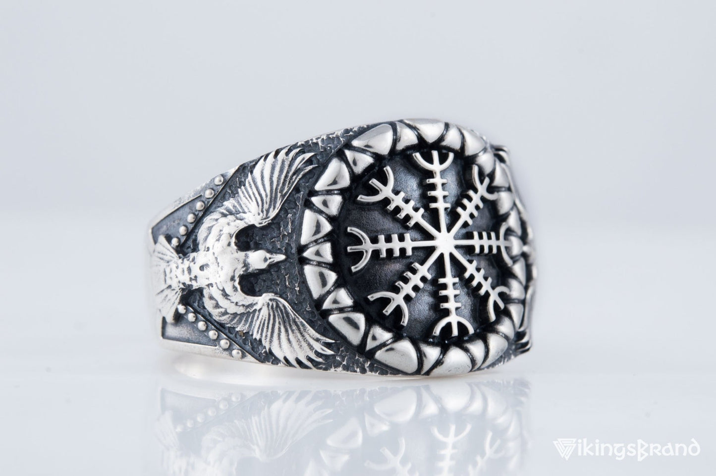 Helm of Awe Viking Symbol with Raven Style Sterling Silver Norse Ring