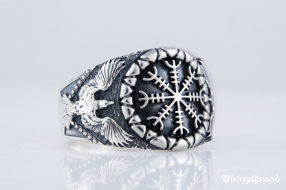Helm of Awe Viking Symbol with Raven Style Sterling Silver Norse Ring