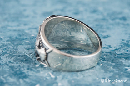 Helm of Awe Viking Symbol with Raven Style Sterling Silver Norse Ring