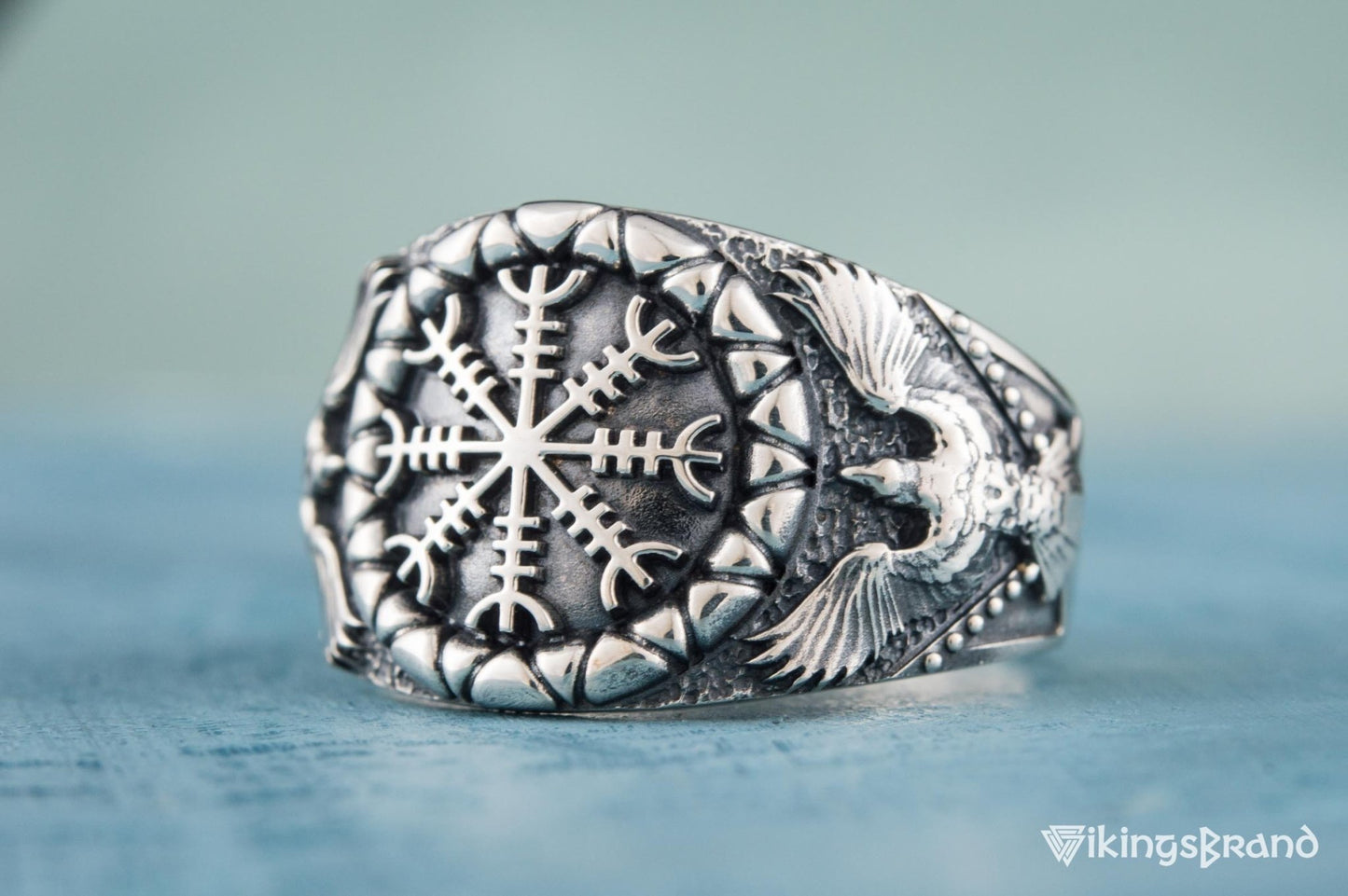 Helm of Awe Viking Symbol with Raven Style Sterling Silver Norse Ring