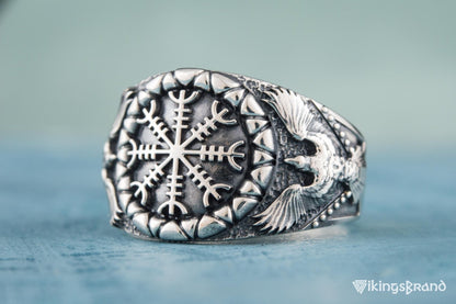Helm of Awe Viking Symbol with Raven Style Sterling Silver Norse Ring