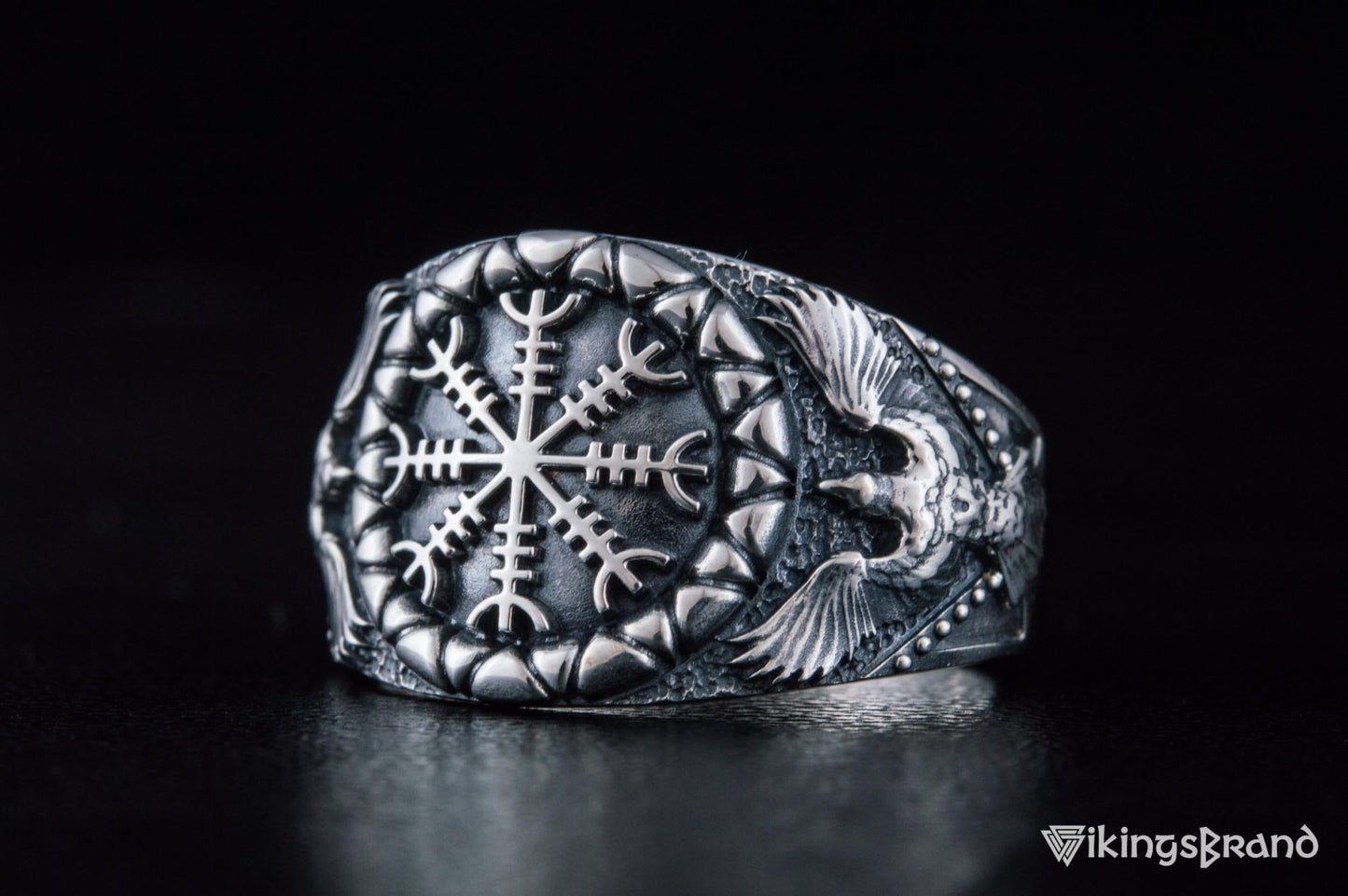 Helm of Awe Viking Symbol with Raven Style Sterling Silver Norse Ring