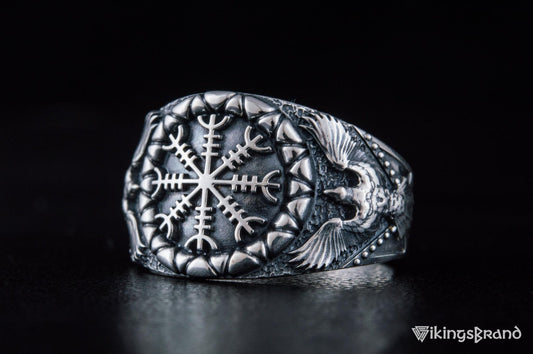 Helm of Awe Viking Symbol with Raven Style Sterling Silver Norse Ring