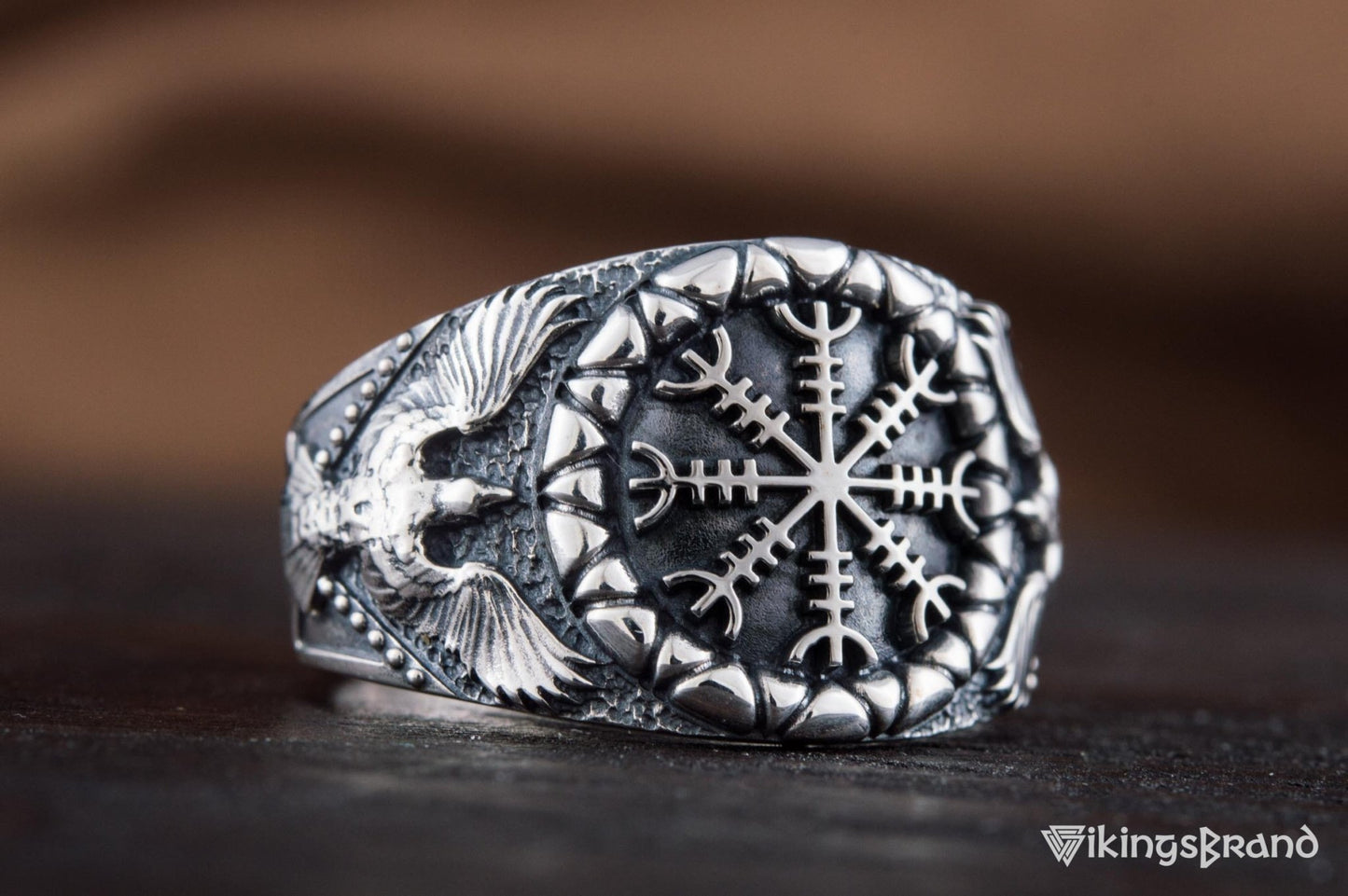 Helm of Awe Viking Symbol with Raven Style Sterling Silver Norse Ring