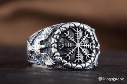 Helm of Awe Viking Symbol with Raven Style Sterling Silver Norse Ring