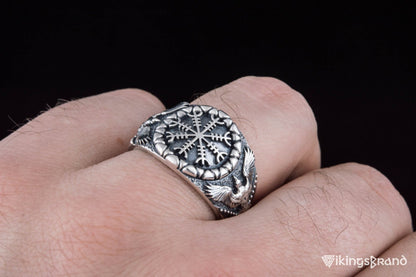 Helm of Awe Viking Symbol with Raven Style Sterling Silver Norse Ring