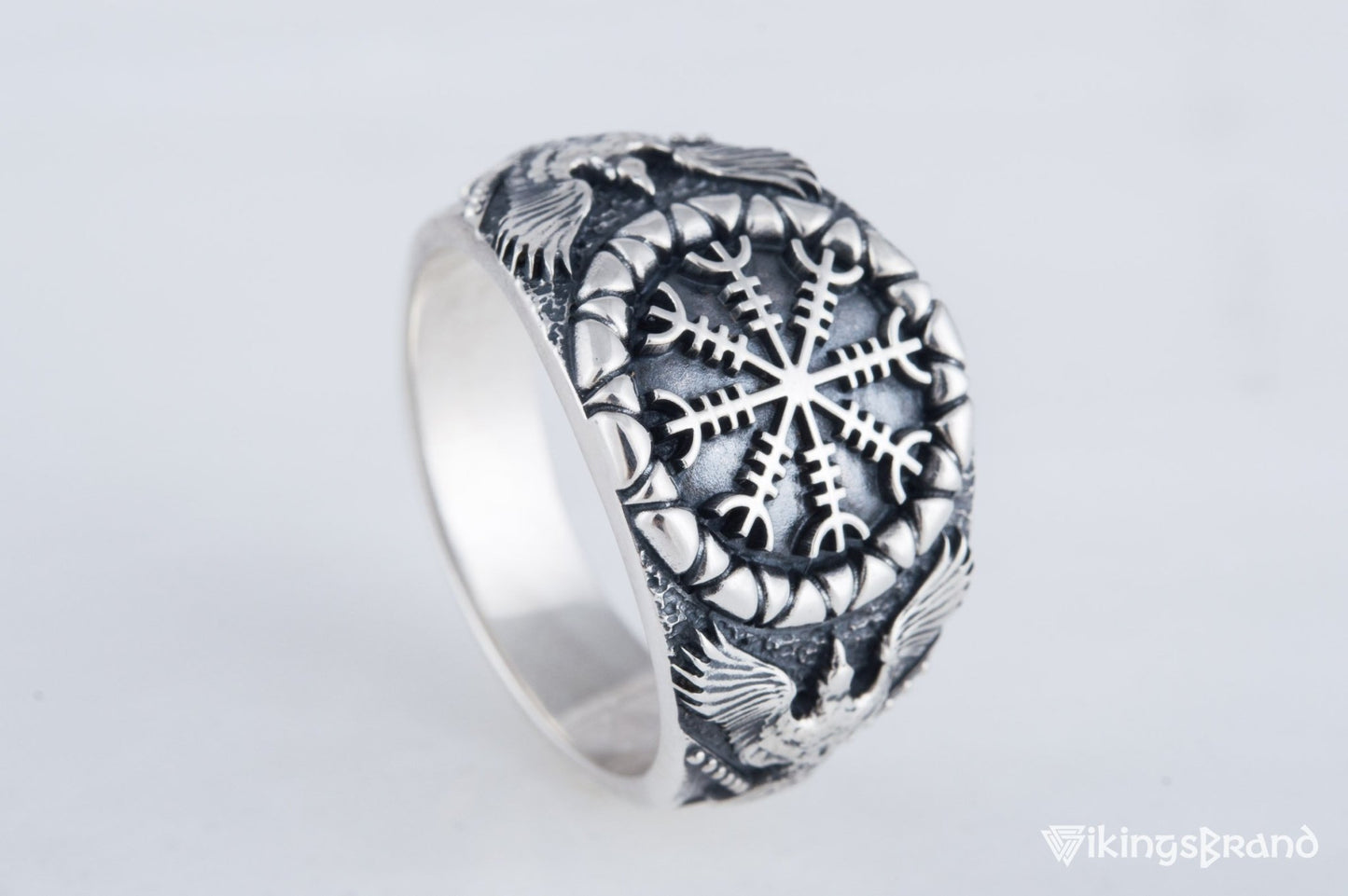Helm of Awe Viking Symbol with Raven Style Sterling Silver Norse Ring