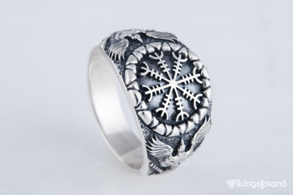 Helm of Awe Viking Symbol with Raven Style Sterling Silver Norse Ring
