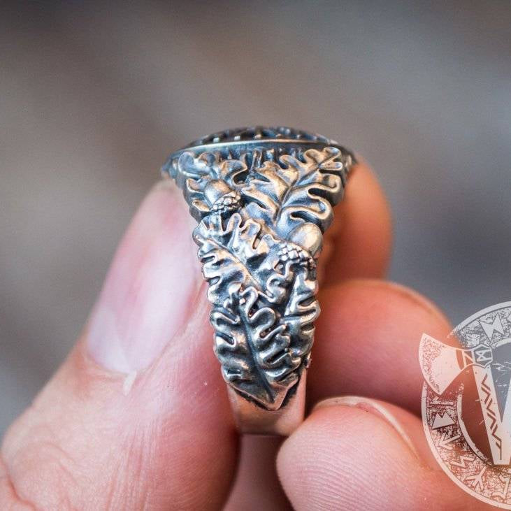 Helm of Awe with Oak Leaves and Acorns Variant 2 Sterling Silver Viking Ring - VikingsBrand