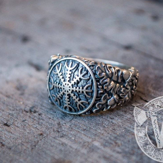 Helm of Awe with Oak Leaves and Acorns Variant 2 Sterling Silver Viking Ring - VikingsBrand