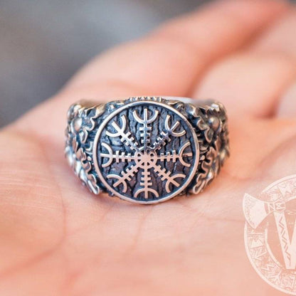 Helm of Awe with Oak Leaves and Acorns Variant 2 Sterling Silver Viking Ring - VikingsBrand