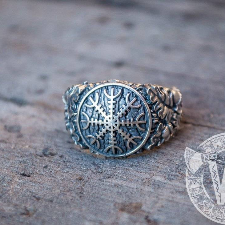 Helm of Awe with Oak Leaves and Acorns Variant 2 Sterling Silver Viking Ring - VikingsBrand