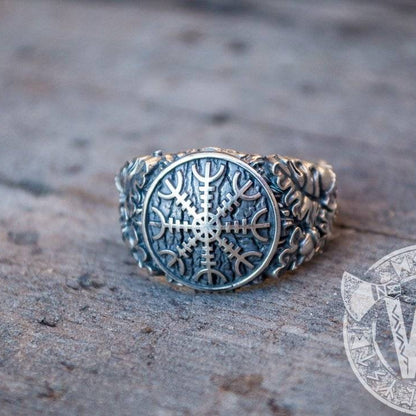 Helm of Awe with Oak Leaves and Acorns Variant 2 Sterling Silver Viking Ring - VikingsBrand