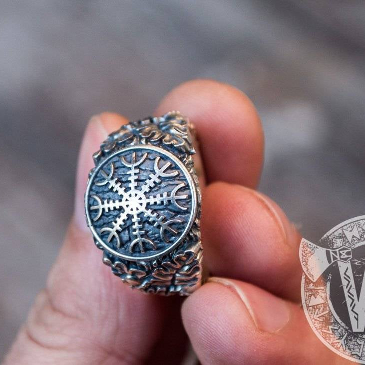 Helm of Awe with Oak Leaves and Acorns Variant 2 Sterling Silver Viking Ring - VikingsBrand