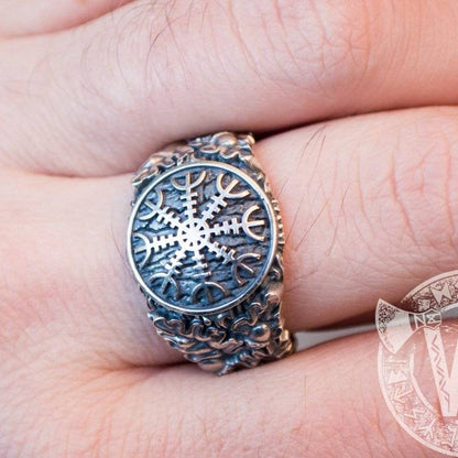 Helm of Awe with Oak Leaves and Acorns Variant 2 Sterling Silver Viking Ring - VikingsBrand