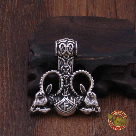 Huge 925 Sterling Silver Thor's Hammer with Goat Heads - VikingsBrand