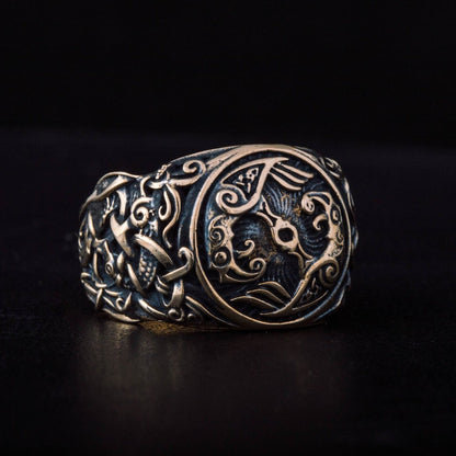 Huginn and Muninn Bronze Viking Ring with Mammen Ornament