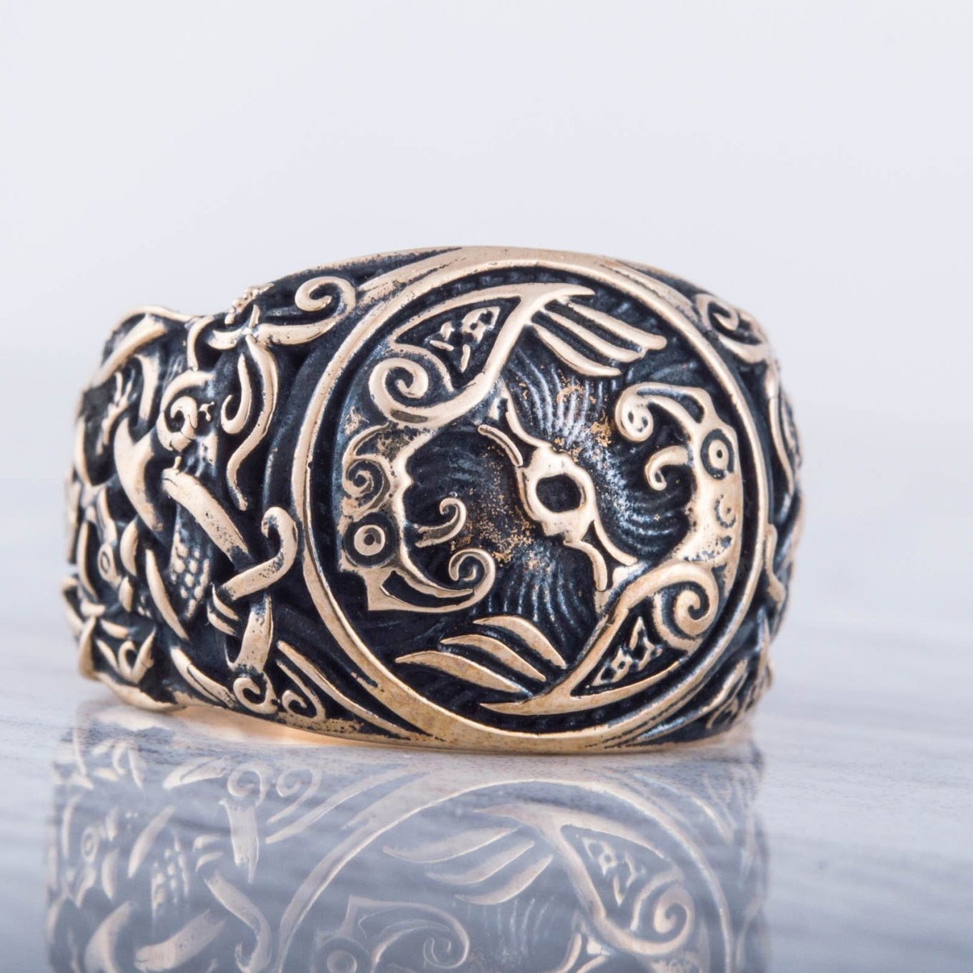 Huginn and Muninn Bronze Viking Ring with Mammen Ornament