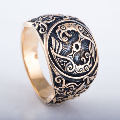 Huginn and Muninn Bronze Viking Ring with Mammen Ornament