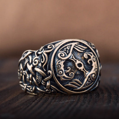 Huginn and Muninn Bronze Viking Ring with Mammen Ornament