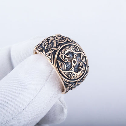 Huginn and Muninn Bronze Viking Ring with Mammen Ornament