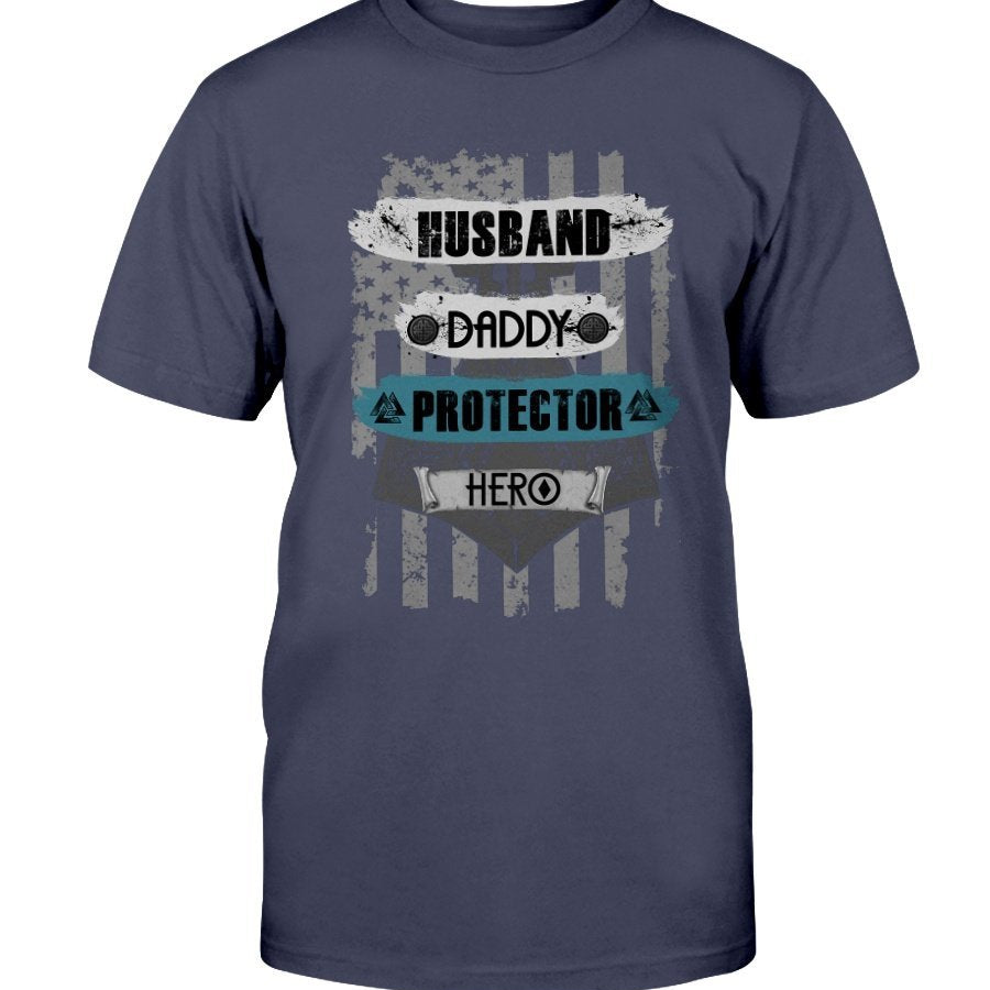 Husband - Daddy - Protector - Hero Cotton T-Shirt - USA Green Blue