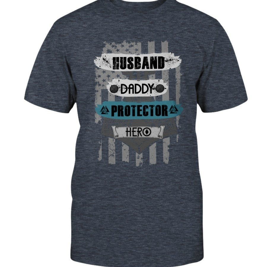 Husband - Daddy - Protector - Hero Cotton T-Shirt - USA Green Blue