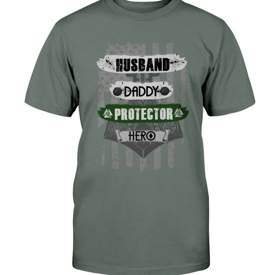 Husband - Daddy - Protector - Hero Cotton T-Shirt - Dark Green USA
