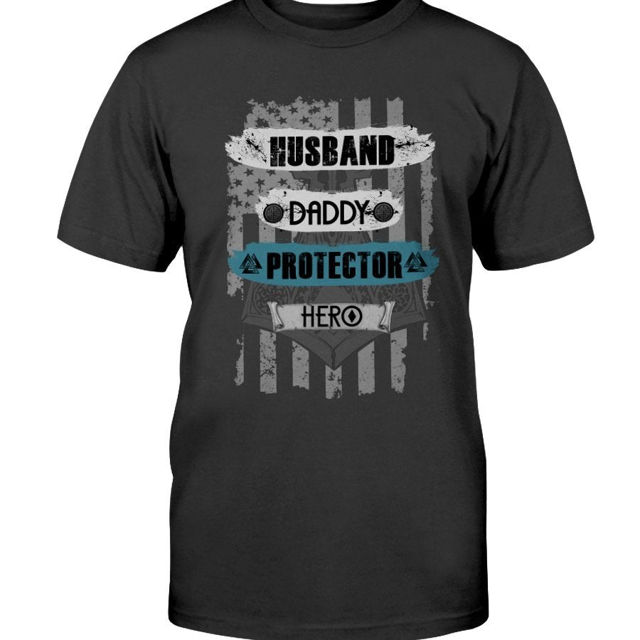 Husband - Daddy - Protector - Hero Cotton T-Shirt - USA Green Blue