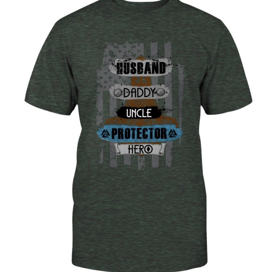 Husband - Daddy - Protector - Hero Premium T-Shirt - Blue & Brown